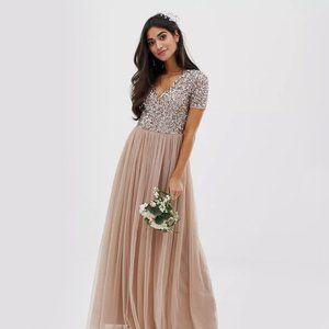 Bridesmaid Dress, Maya Petite Bridesmaid V Neck Maxi Tulle Dress with Sequins